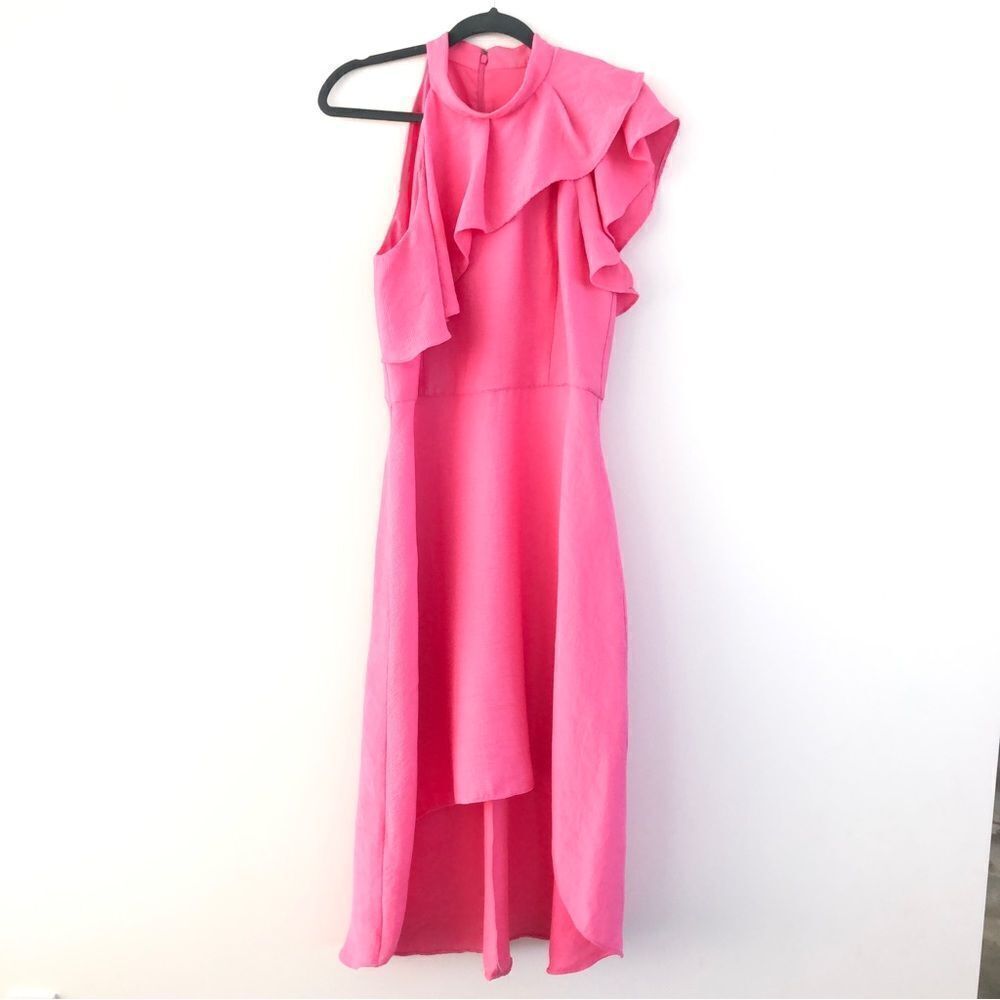 Rachel Roy Pink Barbiecore One Shoulder Ruffle Fit & Flare Midi Dress High Low